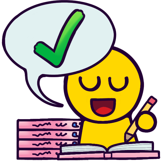 an emoji-yellow person writing in an open pink book. there are four copies of the book next to them. a speech bubble with a check mark is coming from them